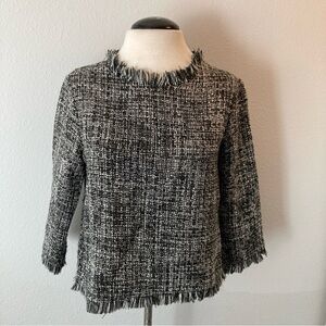 ZARA Basic Collection Black & White Tweed Fringe Details 3/4 Sleeve Top S